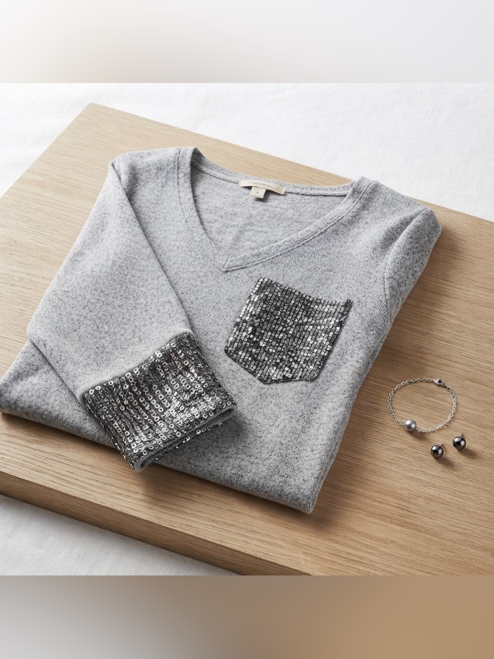 12 Pm By Mon Ami Light Gray V-Neck Sweater with Sequin Pocket & Cuff